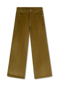 Brezige corduroybroek in een warme olijfgroene kleur. Voorzien van zijzakken, een knoopsluiting en verticale ribbels in de stofstructuur.