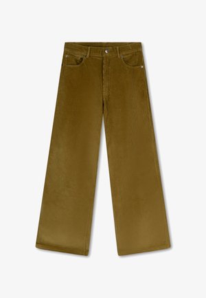 Brezige corduroybroek in een warme olijfgroene kleur. Voorzien van zijzakken, een knoopsluiting en verticale ribbels in de stofstructuur.