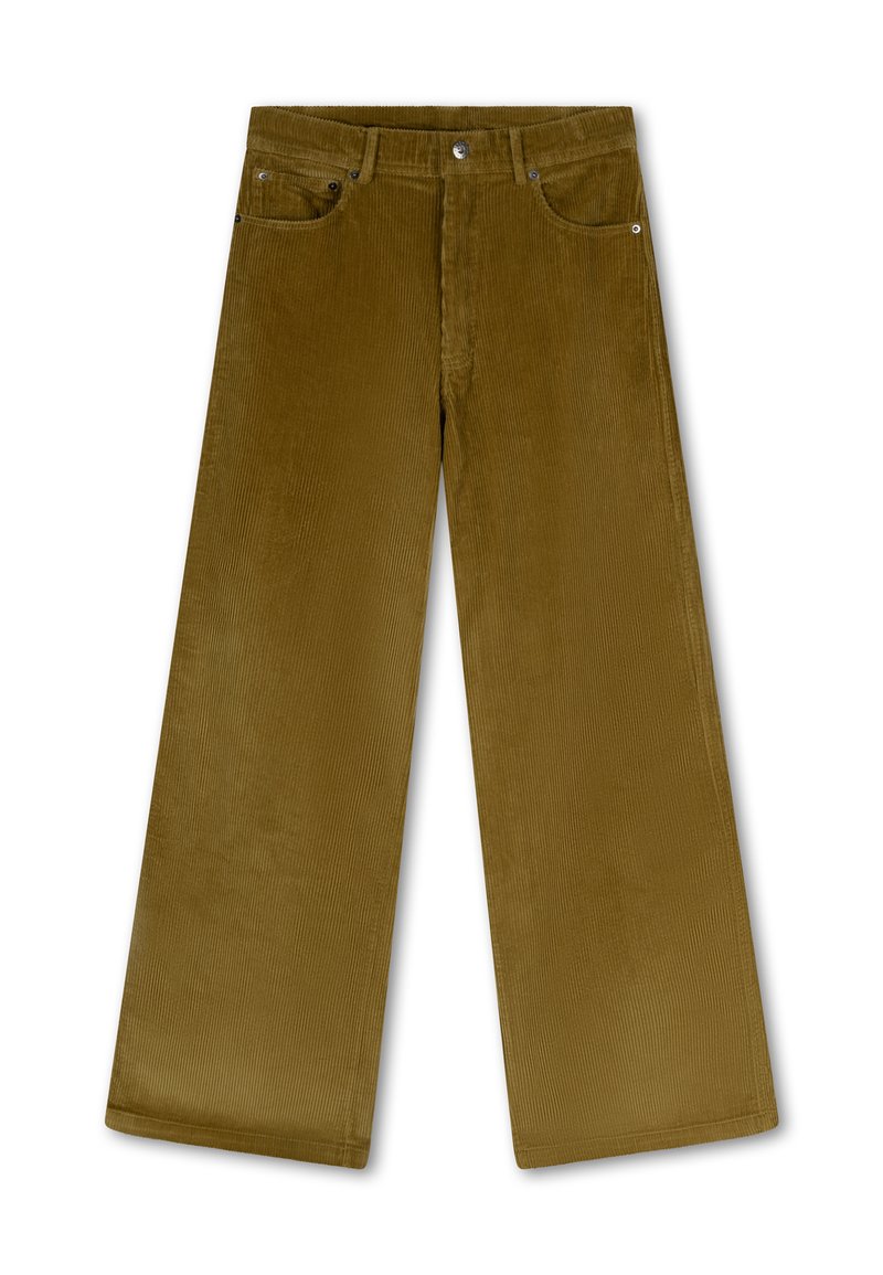 Brezige corduroybroek in een warme olijfgroene kleur. Voorzien van zijzakken, een knoopsluiting en verticale ribbels in de stofstructuur.