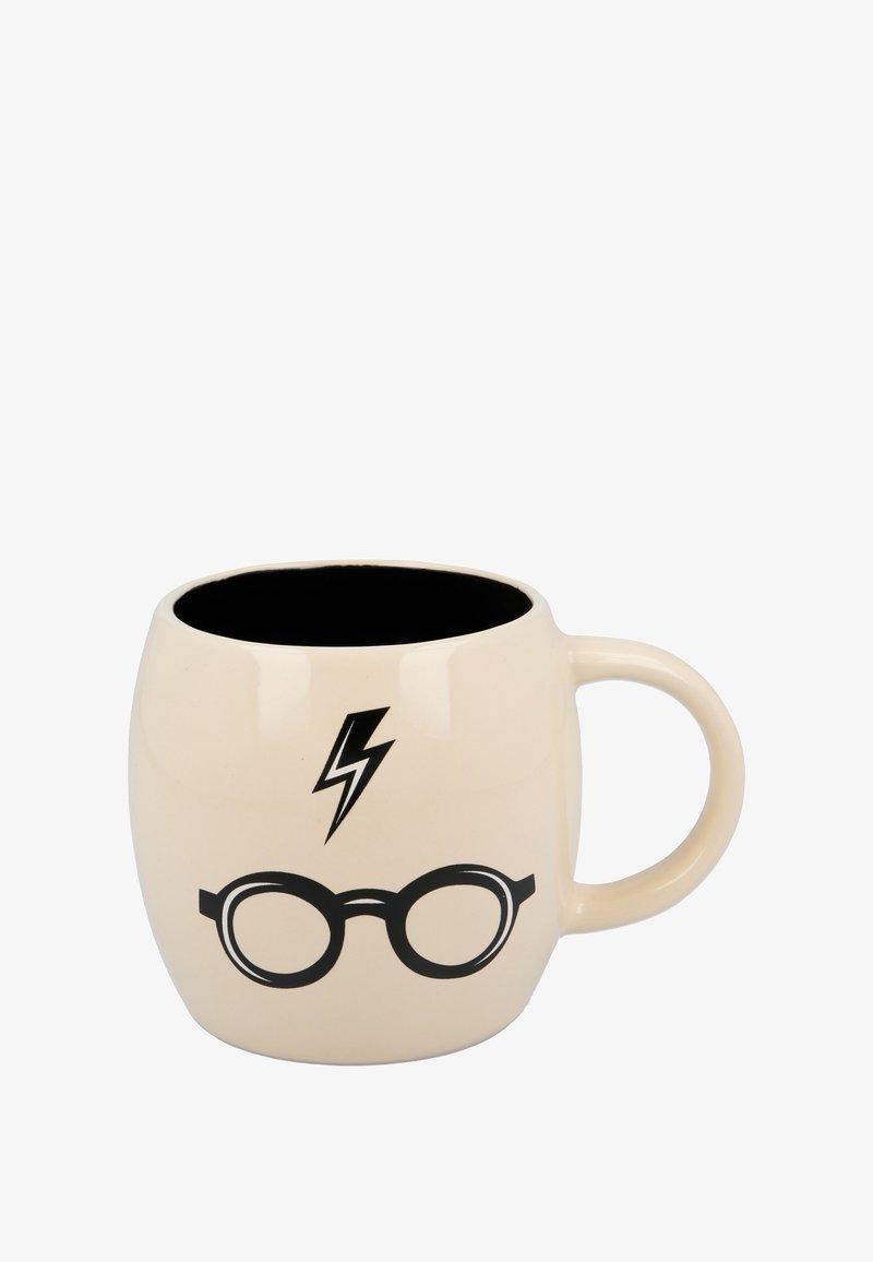 Beige ceramic mug with a rounded shape, black interior, printed design of glasses and a lightning bolt. Smooth surface texture.