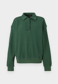 Jersey de punto en verde con cuello tipo polo, cierre de cremallera en la parte superior, mangas largas y puños y dobladillo acanalados. Textura suave.