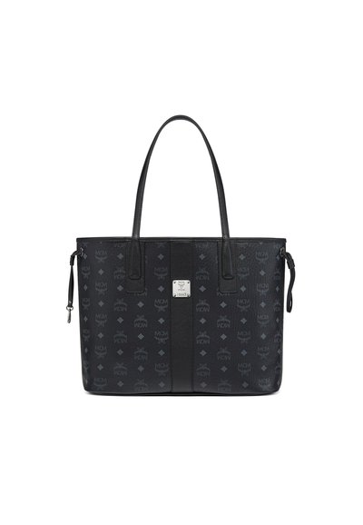 Schwarze MCM-Umhängetasche aus Leder mit grauem Logo-Muster, zwei Schulterriemen, seitlichem Reißverschluss und zentralem Metallmarkenschild.