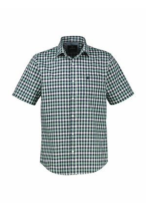 Chemise à manches courtes avec un motif à carreaux vert, marine et blanc et un col pointu.