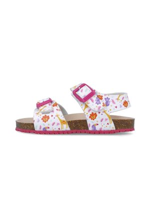 Sandalias blancas con estampado floral y de animales, hebillas ajustables rosas, plantilla de corcho y suela texturizada rosa.