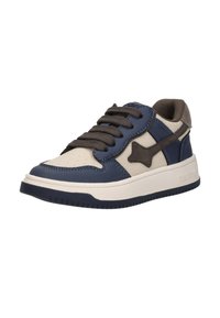 Blauwe en crèmekleurige sneaker met een gestructureerde bovenkant, met donkergrijze veters en accenten. Stevige witte zool met een logo aan de zijkant.