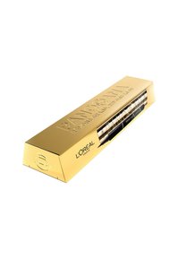 Un emballage rectangulaire doré avec du texte en relief. Contient plusieurs stylos eyeliner en noir et or. Surface lisse et brillante. Marque L’Oréal Paris.