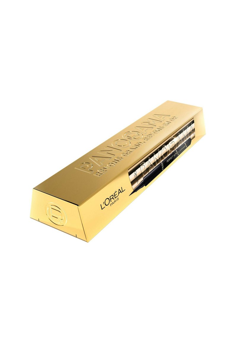 Un emballage rectangulaire doré avec du texte en relief. Contient plusieurs stylos eyeliner en noir et or. Surface lisse et brillante. Marque L’Oréal Paris.