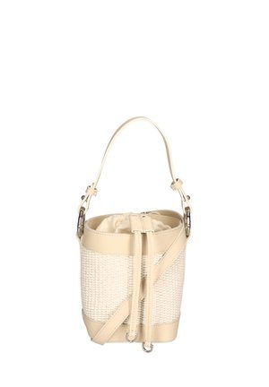Borsa a secchiello beige con texture intrecciata e dettagli in pelle liscia. Presenta una tracolla regolabile e una chiusura superiore a coulisse.