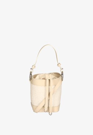 Borsa a secchiello beige con texture intrecciata e dettagli in pelle liscia. Presenta una tracolla regolabile e una chiusura superiore a coulisse.