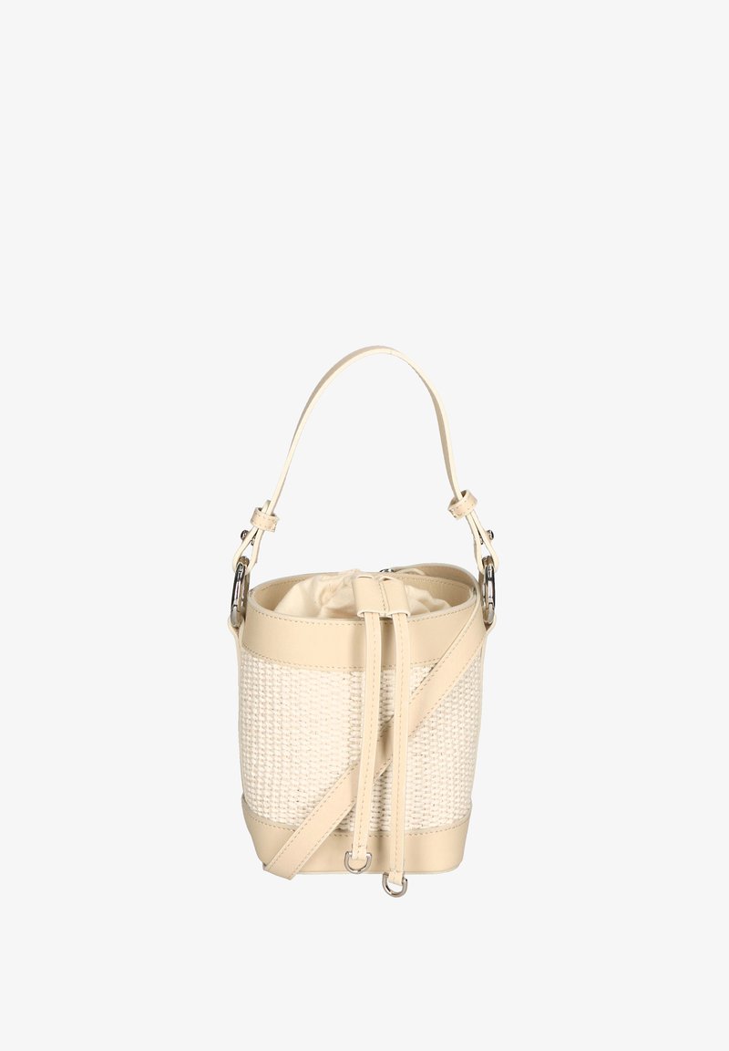 Beige emmertas met gevlochten textuur en gladde leren accenten. Voorzien van een verstelbare schouderriem en een strakke bovenkant.