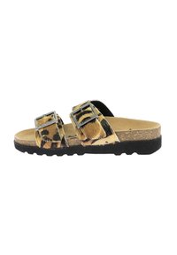 Sandalias de plataforma con estampado de leopardo marrón y negro, con dos correas ajustables con hebillas, una plantilla de corcho y una suela de goma negra texturizada.