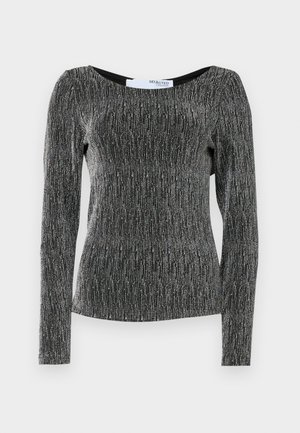 Zwarte long sleeve top met zilver metallic garen. Heeft een ronde halslijn en een aansluitende pasvorm met gestructureerde ribbels.
