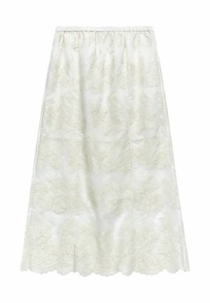 Maxi nederdel i off-white stof med blomster mønster, elastisk liv og bølget kantdetalje. Flad og glat design.