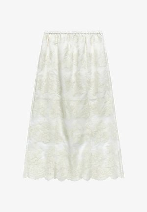 Maxi-Rock aus cremefarbenem Stoff mit blumenmuster-textur, elastischem Bund und gewelltem Saum. Flaffes und glattes Design.