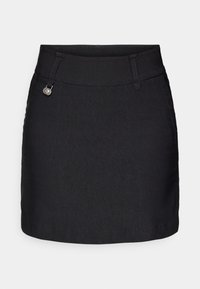 Svart denim mini-skjørt med en glatt tekstur, en tettsittende midje, frontlommer og en metallisk knappdetalj på siden.