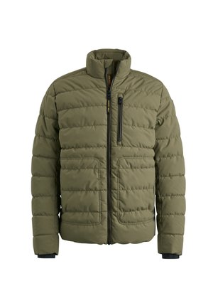 Olive green puffer jacket featuring a high collar, zippered front, and two side pockets with a chest pocket. Includes elastic cuffs.