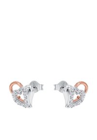 Hjärformade örhängen med silver- och roséguldaccenter, prydda med klara ädelstenar längs hjärtats kant.