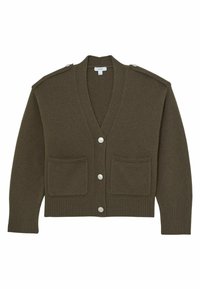 Maslinasto zeleni kardigan od pletiva s V-izrezom, rebrastim manšetama, dva prednja džepa i srebrnim gumbima na ramenima.