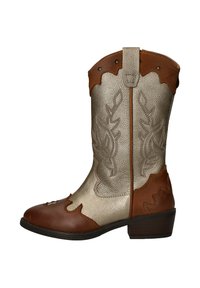 Metalen gouden en bruine leren cowboylaarzen met een spitse neus, decoratieve stiksels en geschulpte leren accenten. Lage blokhak.