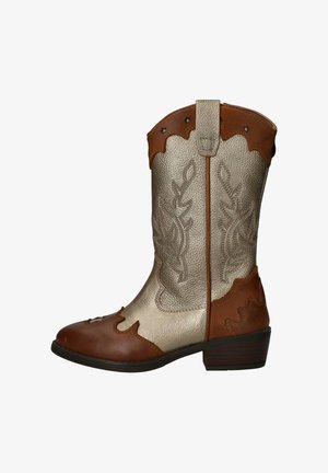 Metalen gouden en bruine leren cowboylaarzen met een spitse neus, decoratieve stiksels en geschulpte leren accenten. Lage blokhak.