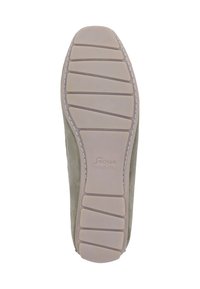Wildlederschuh mit einer beigen Gummisohle. Verfügt über ein strukturiertes Profil und "Sioux seit 1954" auf der Sohle. Die Seite hat eine glatte Textur.