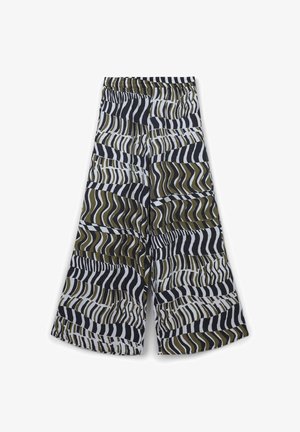 Weite Hosen mit einem gemusterten Design in Schwarz, Weiß und Olivgrün, mit wellenförmigen Streifen und einem dehnbaren Bund.