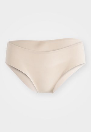 Beige ujumispüksid sujuva ja veniva tekstuuriga. Omab laia, pehme vöökohta ja klassikalist lühikesed lõike.