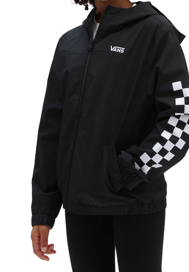 Black zip-up jacket with hood, featuring a white checkerboard pattern on the right sleeve and the Vans logo on the chest.Elastic cuffs.