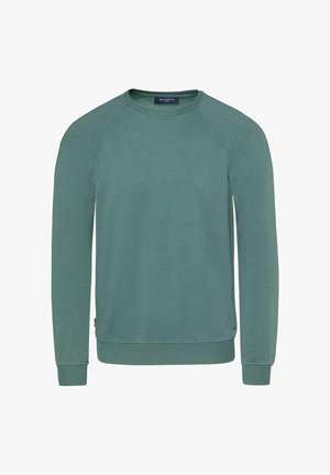 Sweat-shirt vert en tissu doux, doté de manches longues, de poignets et d'un ourlet côtelés, ainsi que d'un col rond. Design minimaliste sans motifs.