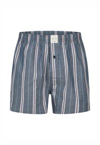 Herenboxers in marineblauwe stof met verticale strepen in lichtblauw en rood. Elastische tailleband met een knoop en een klein logolabel aan de voorkant.