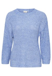 Light blue knitted sweater with a round neckline, dropped shoulders, and ribbed hem. The texture is loose and chunky, providing a casual look.