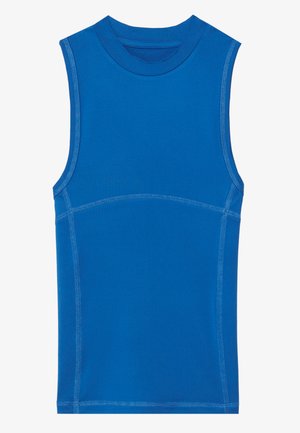 Blå ærmeløs top i glat stof, med rund hals og kontrasterende syninger, i en tætsiddende design uden dekorationer.