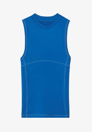 Blue sleeveless top in smooth fabric, featuring a round neck and contrasting stitched seams, with a fitted design and no embellishments.