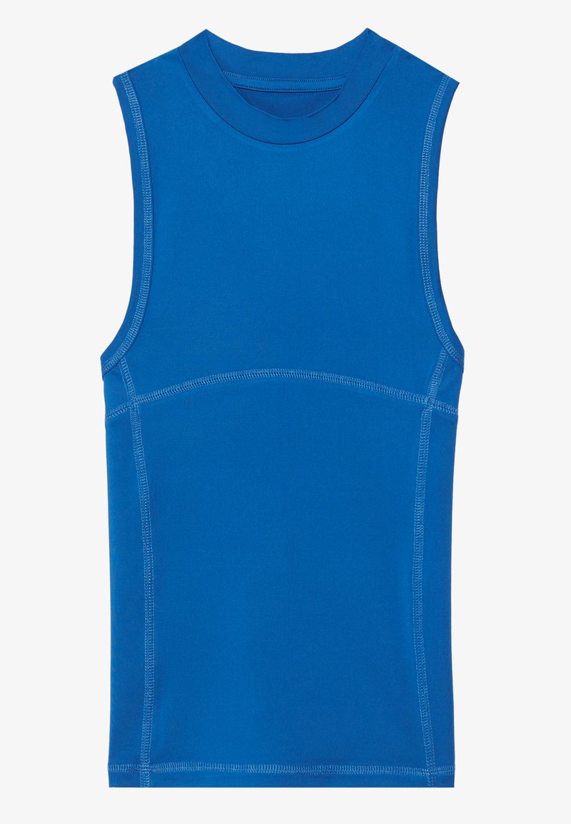 Top sans manches bleu en tissu lisse, avec un col rond et des coutures contrastées, au design ajusté et sans embellissements.