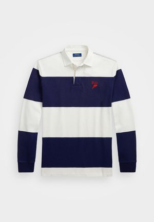 Granatowy i biały pasiasty polo z długim rękawem z kołnierzykiem, z haftowanym czerwonym logo i listwą z trzema guzikami.