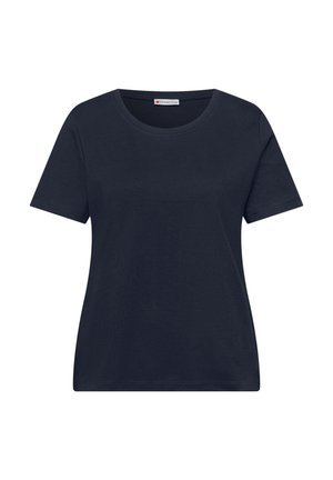 Camiseta de manga corta azul marino con cuello redondo, dobladillo recto y etiqueta visible de la marca Street One en el interior del cuello.