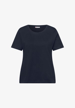 T-shirt bleu marine à manches courtes avec encolure ronde, ourlet droit et étiquette de marque Street One visible à l'intérieur du col.