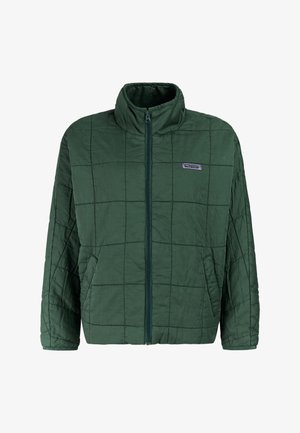 Donkergroene doorgestikte jas met hoge kraag, ritssluiting aan de voorkant, zijzakken en klein "Protest"-logo op de linkerborst.