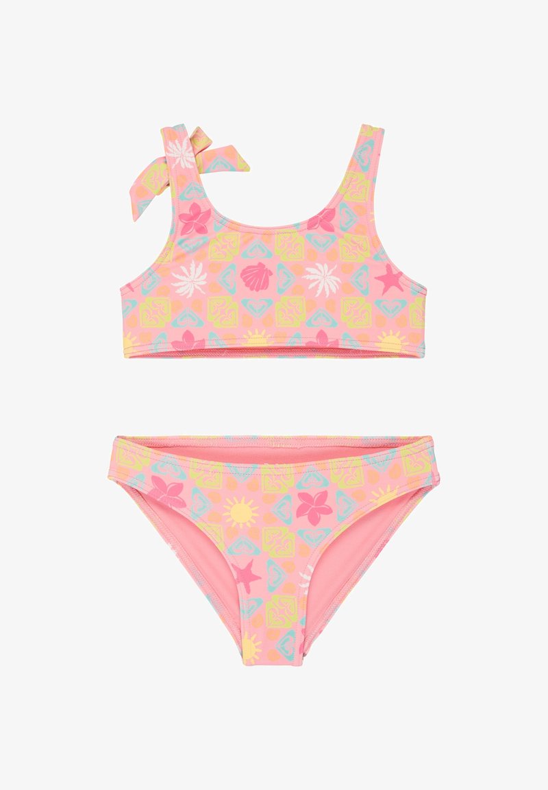 Maillot de bain deux pièces pour fille, rose, avec motif tropical comprenant des coquillages, des étoiles de mer, le soleil, des fleurs, et une bretelle nouée sur le haut.