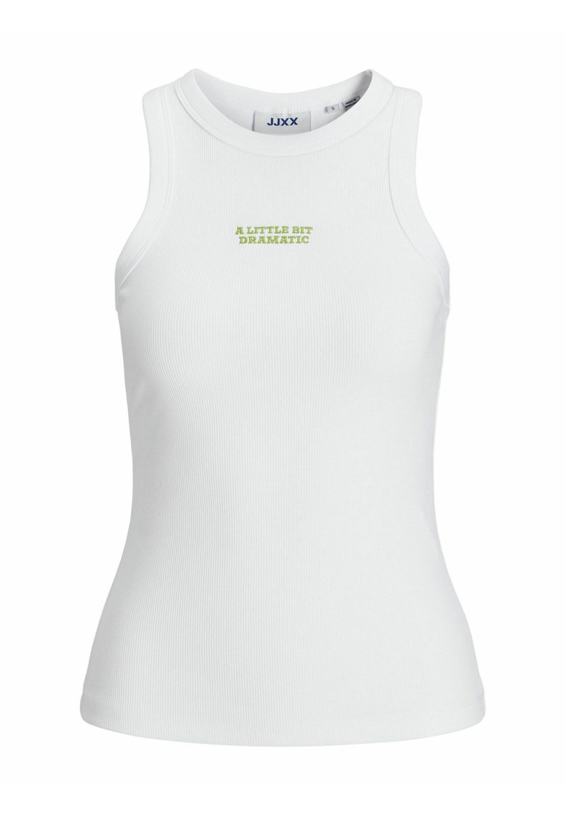 Hvid ribbet tanktop med en tætsiddende pasform, der har grøn broderet tekst "A LITTLE BIT DRAMATIC" på forsiden.