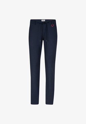 Pantaloni blu navy realizzati in materiale morbido, con vita regolabile tramite stringa, chiusura a bottone e un anello di accento rosso sul lato.