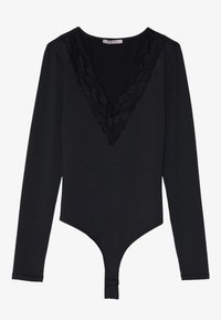 Schwarzer Langarmbodysuit aus glattem Material mit einem V-Ausschnitt mit Spitzenrand und einem Druckknopfverschluss am unteren Ende.