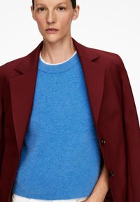 Roter Blazer mit zwei Knöpfen über einem hellblauen Wollpullover. Der Pullover hat einen Rundhalsausschnitt und ein weiches, strukturiertes Aussehen.