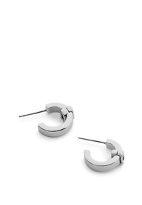 Silver-colored hoop earrings with a polished finish, featuring a hinged closure and slightly curved design.