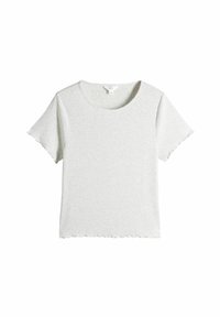 T-shirt a maniche corte grigio chiaro realizzato in tessuto morbido; presenta un collo rotondo e un'orlo leggermente sfilacciato sulle maniche e sul fondo.