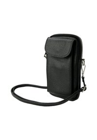 Zwarte leren crossbody-tasje met een gestructureerde afwerking, een klepclosure en een afneembare band, ontworpen voor veilige opslag en mobiliteit.
