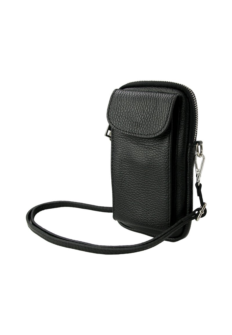 Zwarte leren crossbody-tasje met een gestructureerde afwerking, een klepclosure en een afneembare band, ontworpen voor veilige opslag en mobiliteit.