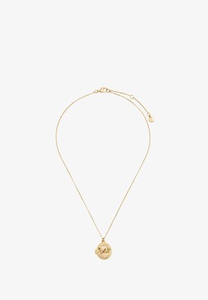 Goldene Halskette mit einer filigranen Kette und einem runden Medaillon-Anhänger, der mit floralen Gravuren und kleinen dekorativen Steinen am Rand verziert ist.