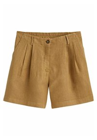 Beige Leinen-Shorts mit glatter Textur, gefältelter Vorderseite, Knopfverschluss und elastischem Bund. Mit seitlichen Taschen.