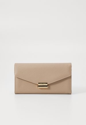 Beige wallet with an envelope design, textured surface, and a gold-tone clasp. Features a brand name plate on the front.